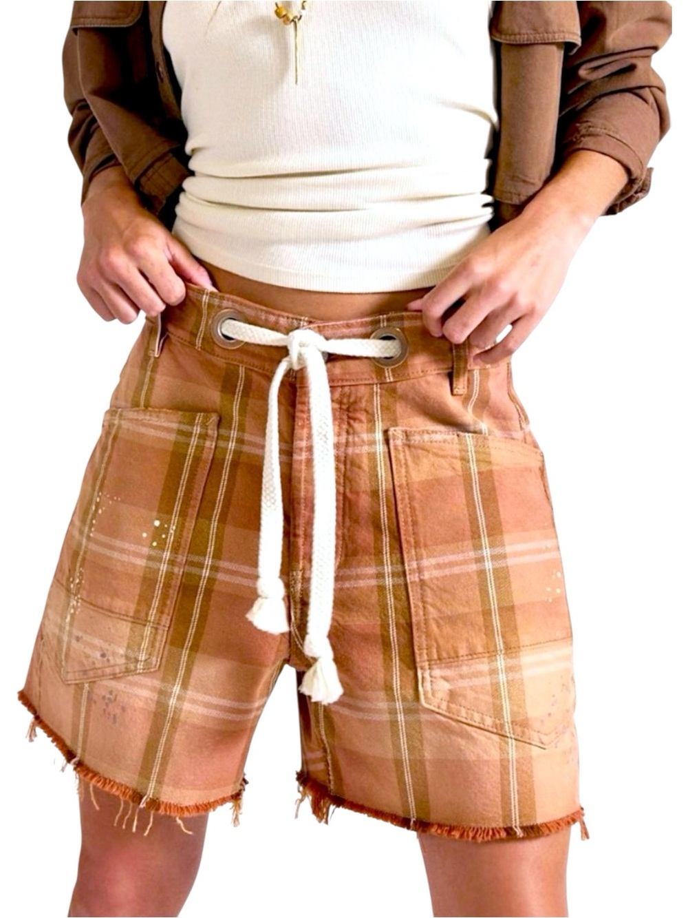 NWT Free People x We The Free Plaid Moxie Belted High Waist Jean Shorts